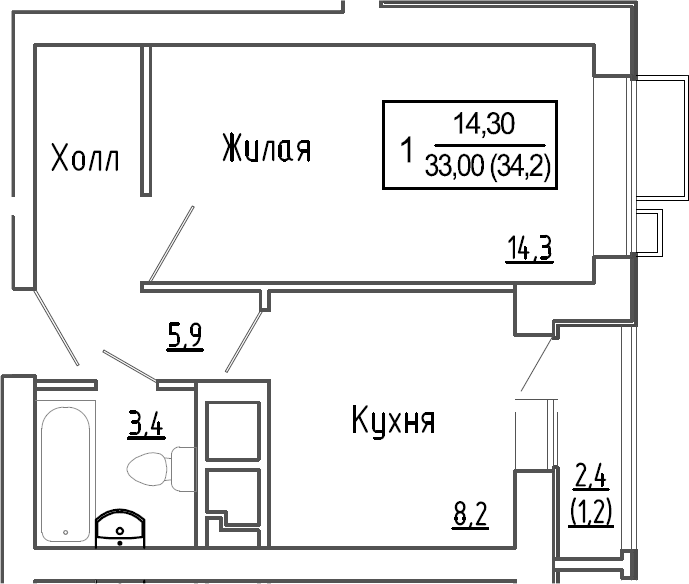 Планировка — Новое Замитино, 1-комн., 32 м²
