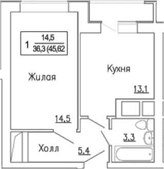 Планировка — Новое Замитино, 1-комн., 45 м²