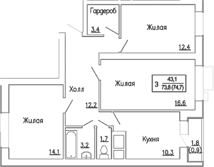 Планировка — Новое Замитино, 3-комн., 74 м²
