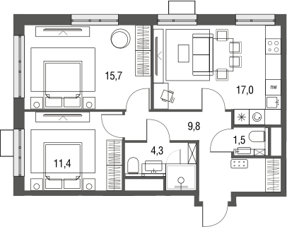 Планировка — Сиреневый парк, 3-комн., 60 м²