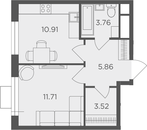 Планировка — Одинград, квартал Семейный, 1-комн., 36 м²