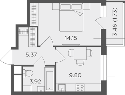 Планировка — Одинград, квартал Семейный, 1-комн., 33 м²
