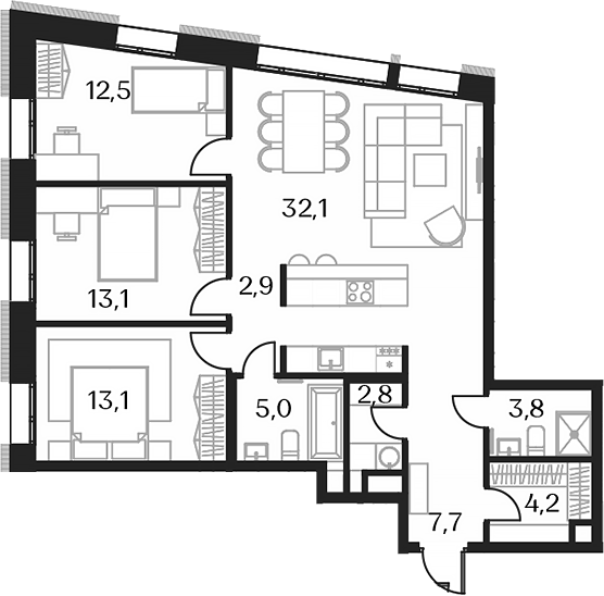 Планировка — Союз, 4-комн., 97 м²