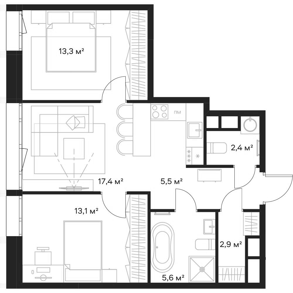 Планировка — Союз, 3-комн., 60 м²