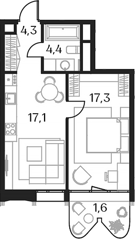 Планировка — Союз, 2-комн., 43 м²
