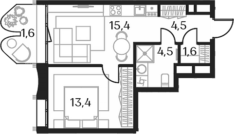 Планировка — Союз, 2-комн., 39 м²