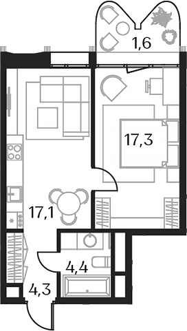 Планировка — Союз, 2-комн., 43 м²