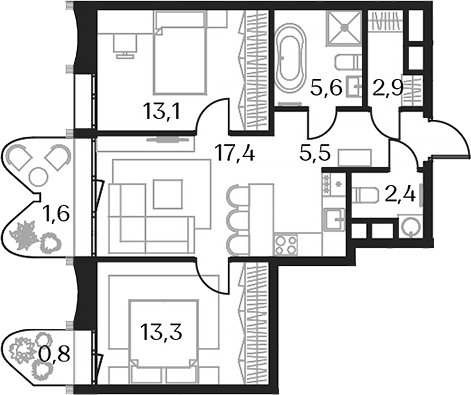 Планировка — Союз, 3-комн., 60 м²