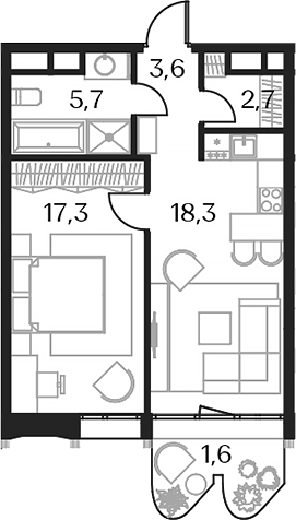 Планировка — Союз, 2-комн., 48 м²