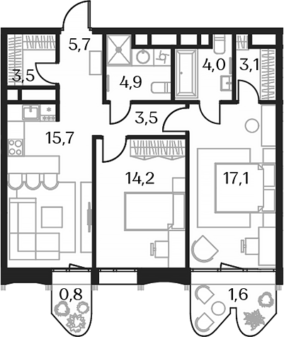 Планировка — Союз, 3-комн., 70 м²