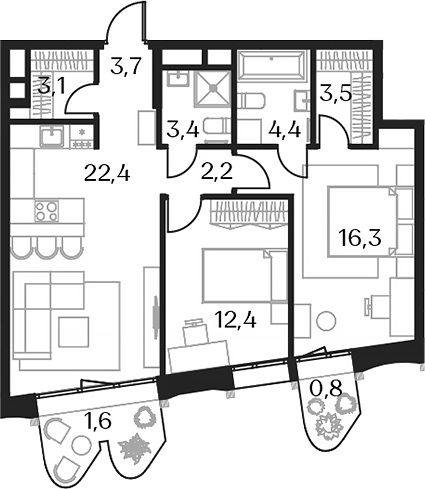 Планировка — Союз, 3-комн., 71 м²