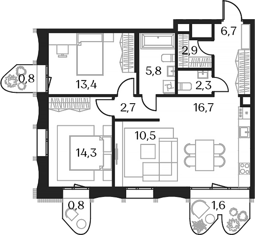 Планировка — Союз, 3-комн., 75 м²