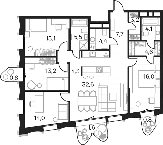Планировка — Союз, 5-комн., 125 м²