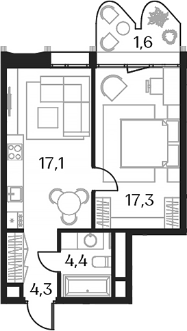 Планировка — Союз, 2-комн., 43 м²