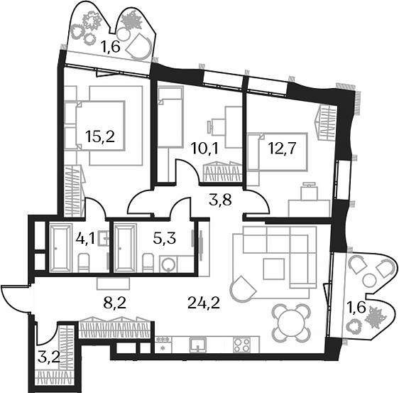 Планировка — Союз, 4-комн., 87 м²