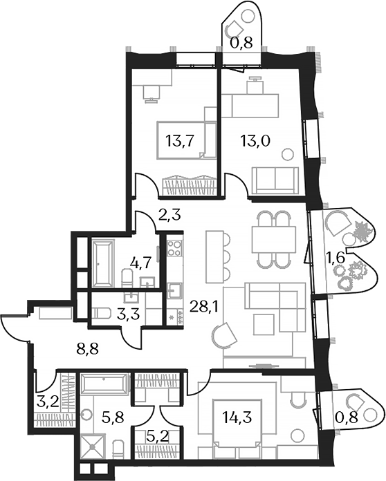 Планировка — Союз, 4-комн., 102 м²