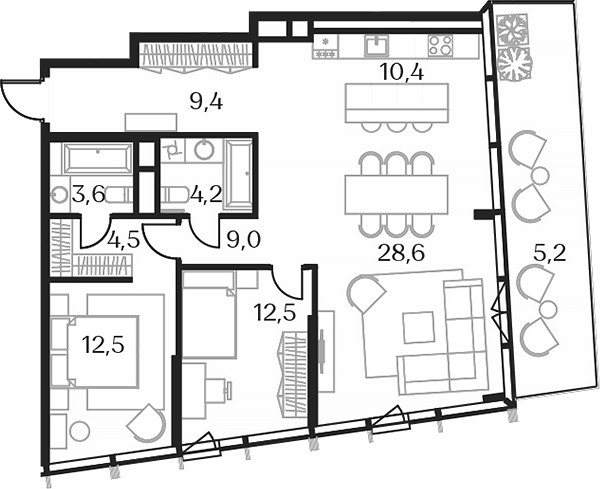 Планировка — Союз, 3-комн., 92 м²