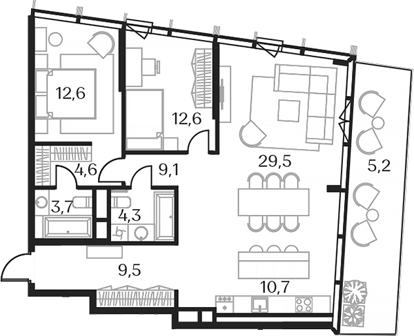 Планировка — Союз, 3-комн., 90 м²