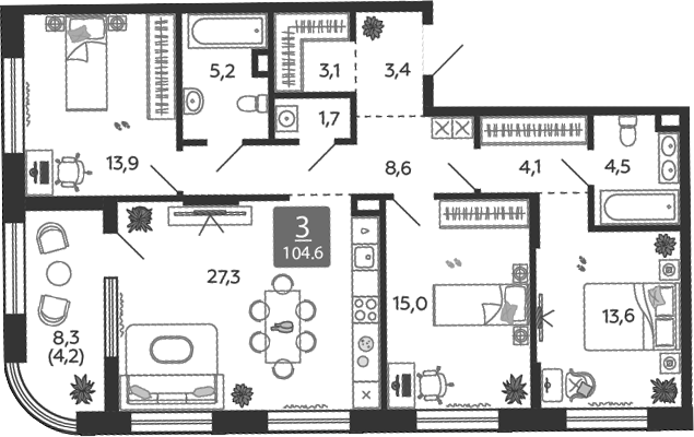 Планировка — Shagal, 4-комн., 100 м²