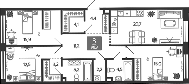 Планировка — Shagal, 4-комн., 100 м²