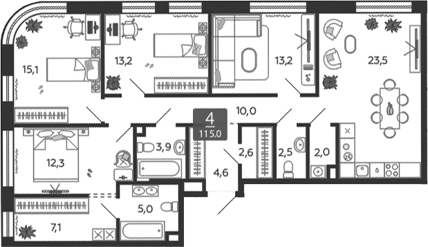 Планировка — Shagal, 5-комн., 115 м²