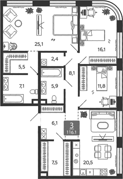 Планировка — Shagal, 4-комн., 117 м²