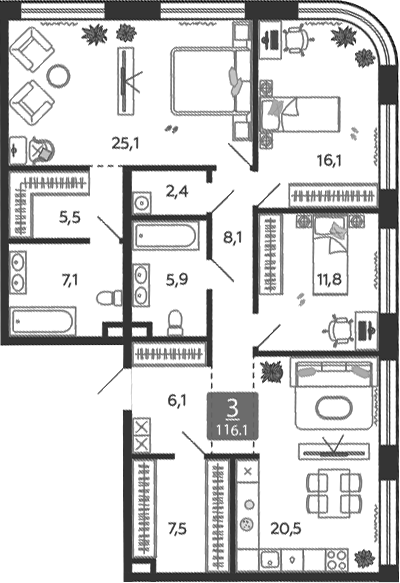 Планировка — Shagal, 4-комн., 116 м²