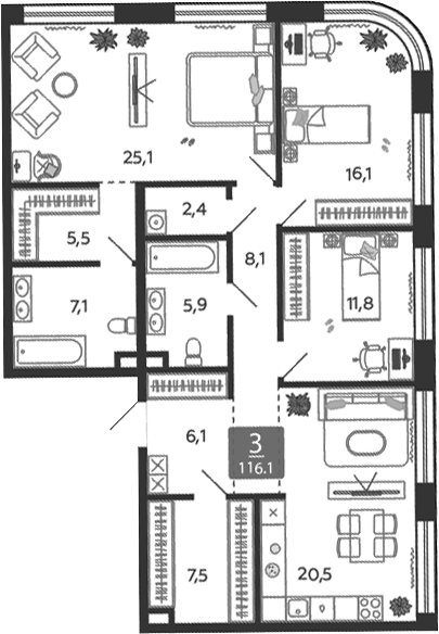 Планировка — Shagal, 4-комн., 116 м²