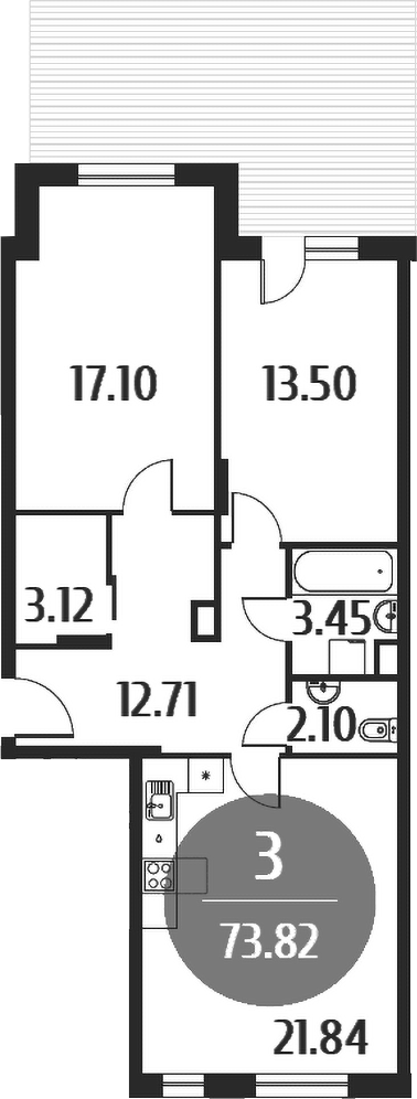 Планировка — Равновесие, 3-комн., 74 м²