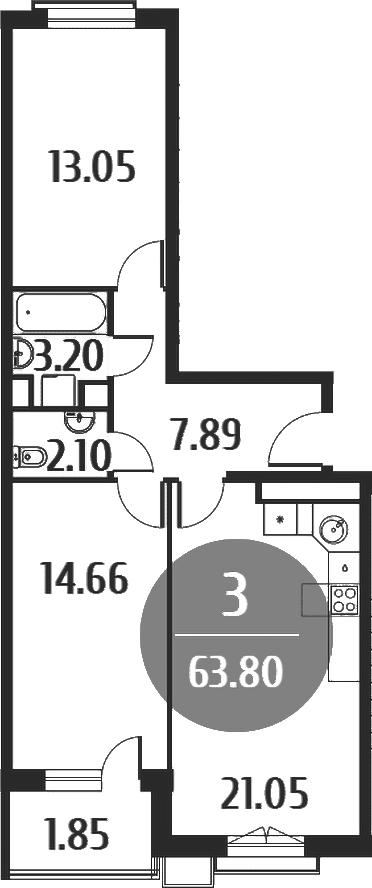 Планировка — Равновесие, 3-комн., 64 м²
