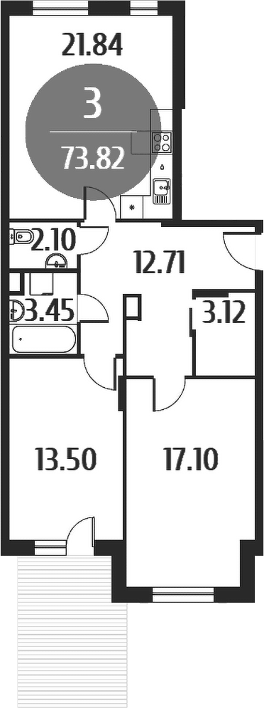 Планировка — Равновесие, 3-комн., 74 м²