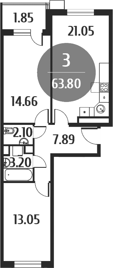 Планировка — Равновесие, 3-комн., 64 м²