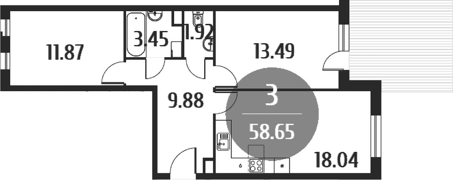 Планировка — Равновесие, 3-комн., 59 м²