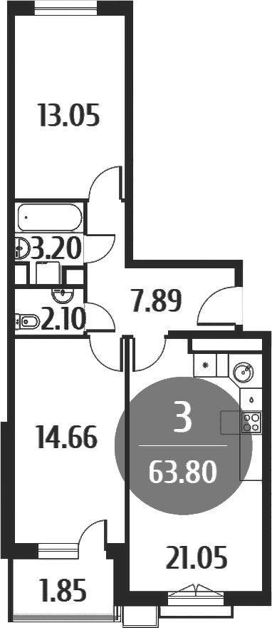 Планировка — Равновесие, 3-комн., 64 м²