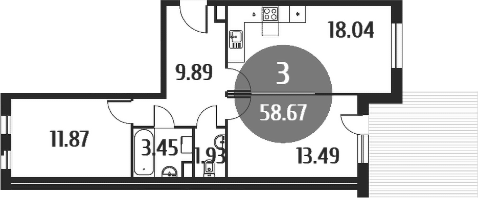 Планировка — Равновесие, 3-комн., 59 м²
