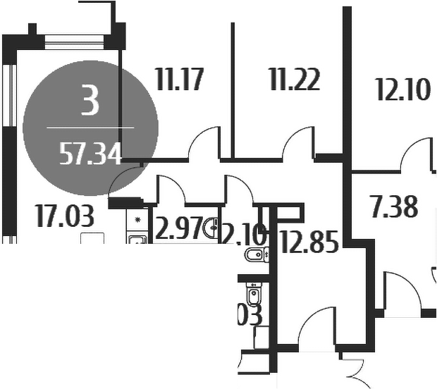 Планировка — Равновесие, 3-комн., 57 м²