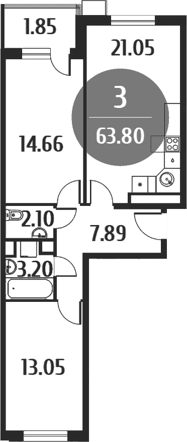 Планировка — Равновесие, 3-комн., 64 м²