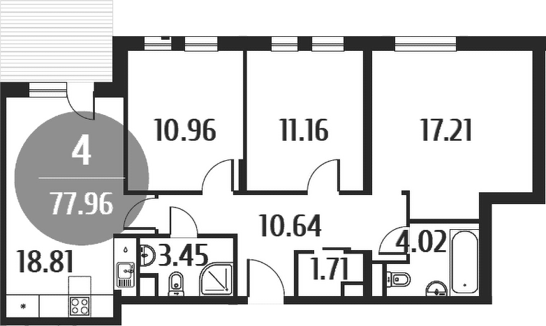 Планировка — Равновесие, 4-комн., 78 м²