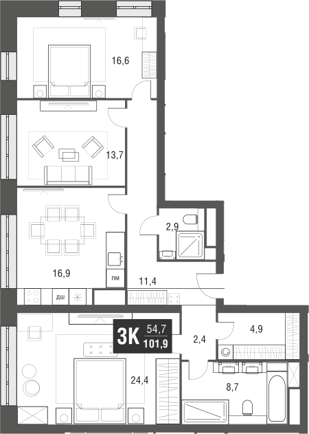 Планировка — AFI Tower, 4-комн., 102 м²