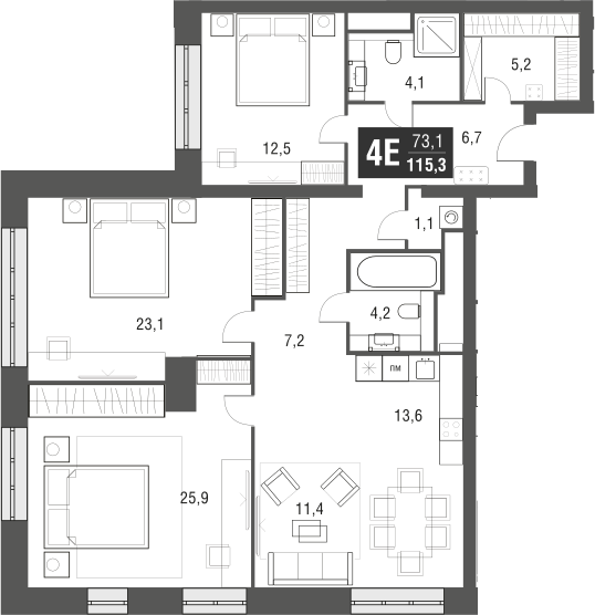 Планировка — AFI Tower, 4-комн., 115 м²