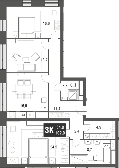 Планировка — AFI Tower, 4-комн., 102 м²