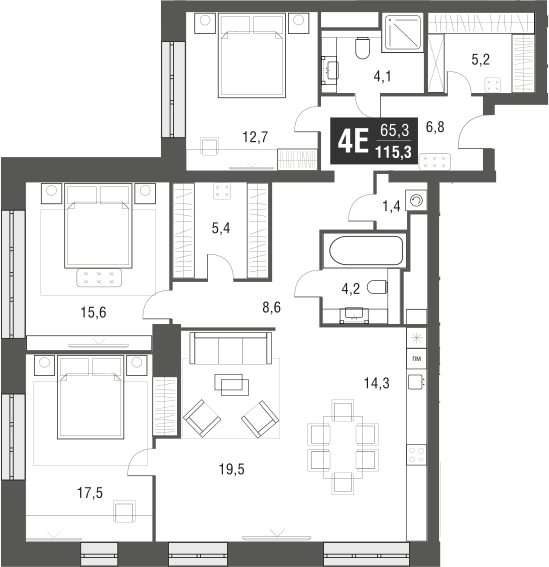 Планировка — AFI Tower, 4-комн., 115 м²