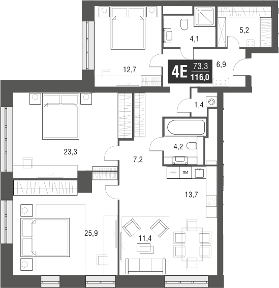 Планировка — AFI Tower, 4-комн., 116 м²