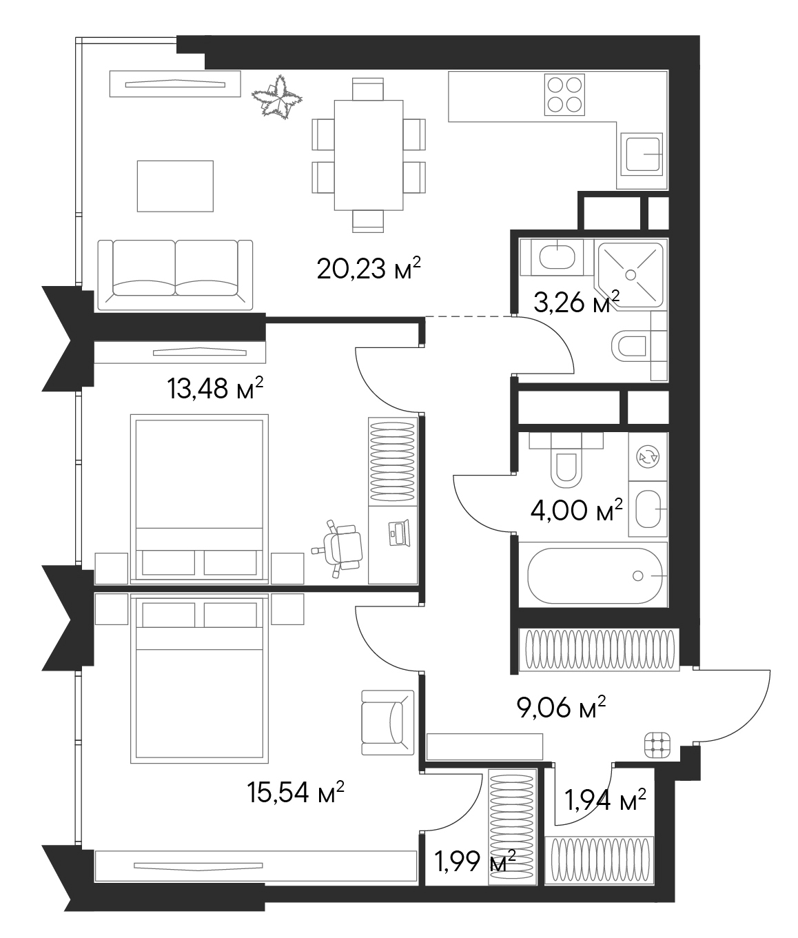 Планировка — Первый Нагатинский, 3-комн., 72 м²