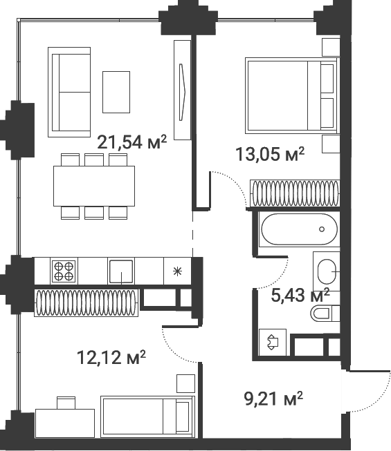Планировка — Первый Нагатинский, 3-комн., 61 м²
