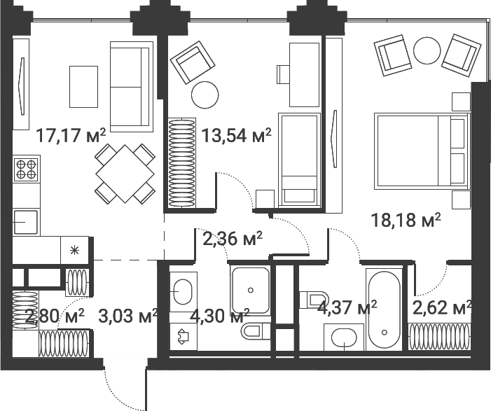 Планировка — Первый Нагатинский, 3-комн., 68 м²