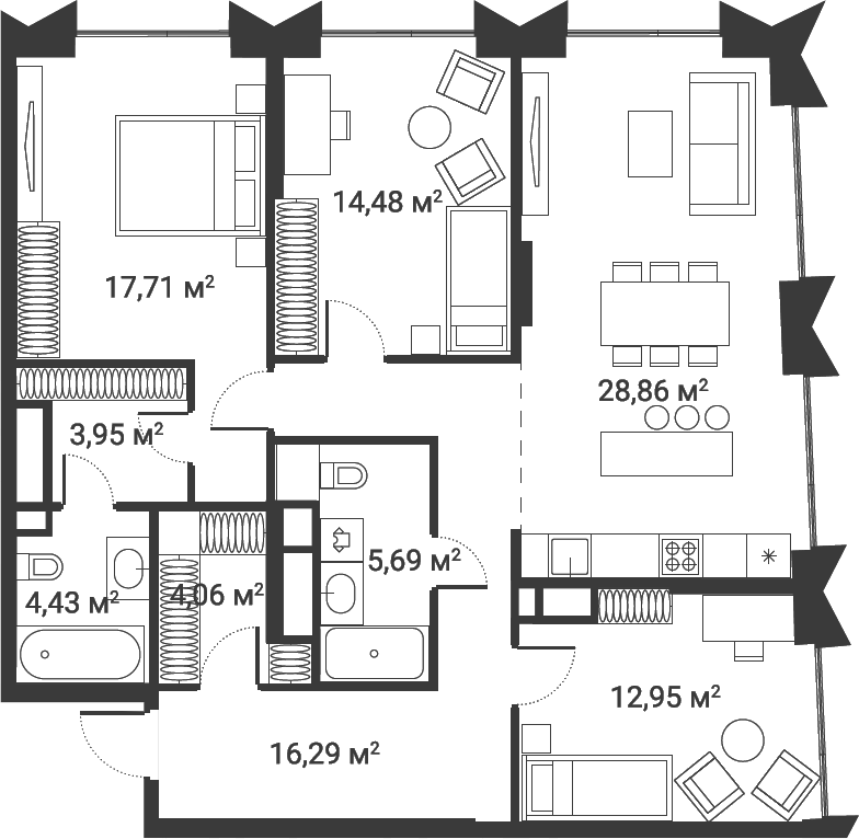 Планировка — Первый Нагатинский, 4-комн., 114 м²