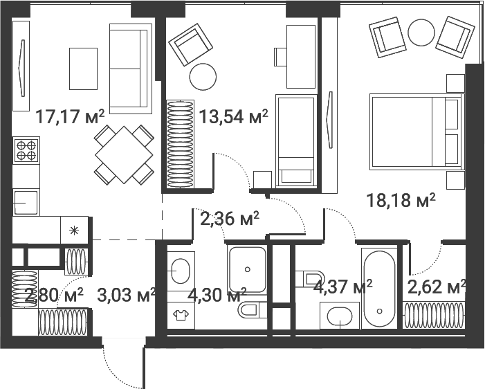 Планировка — Первый Нагатинский, 3-комн., 68 м²