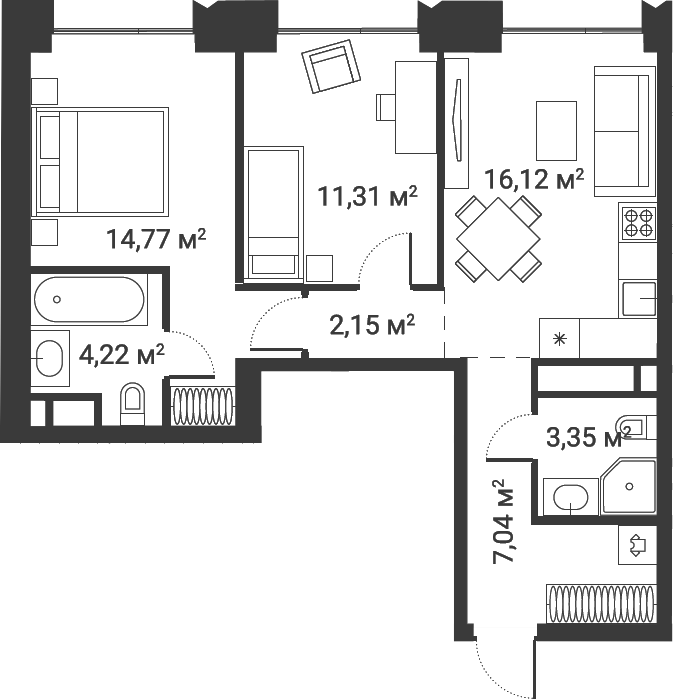 Планировка — Первый Нагатинский, 3-комн., 60 м²