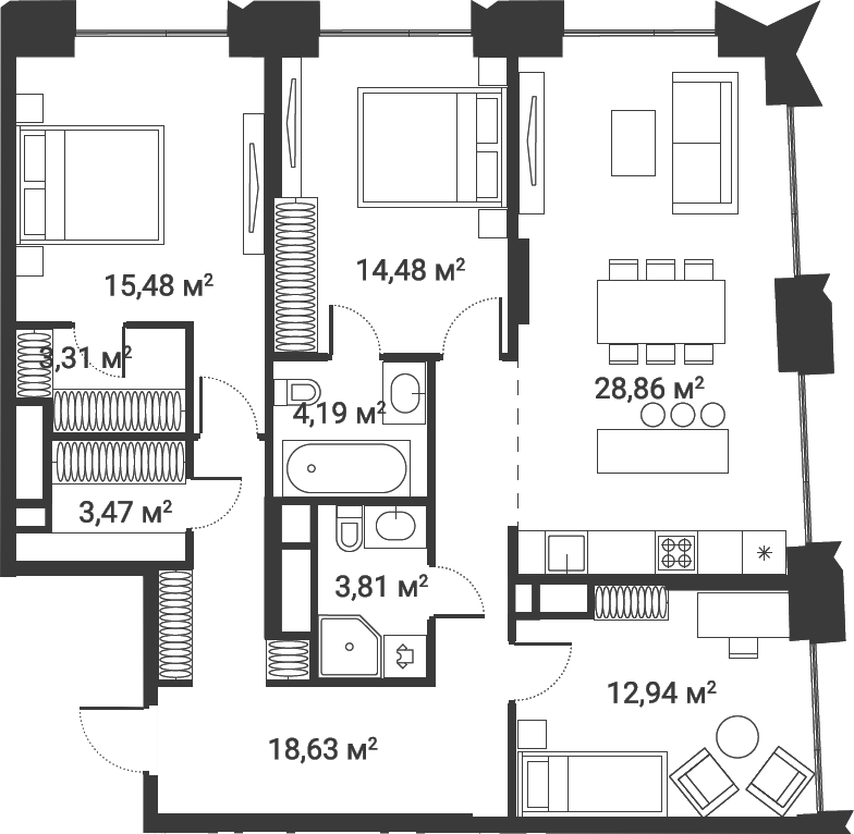 Планировка — Первый Нагатинский, 4-комн., 111 м²